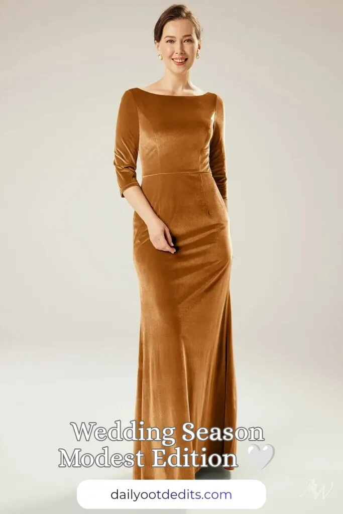 A floor-length modest formal dress in burnished gold, featuring a sophisticated silhouette and elegant design, suitable for summer evening events.