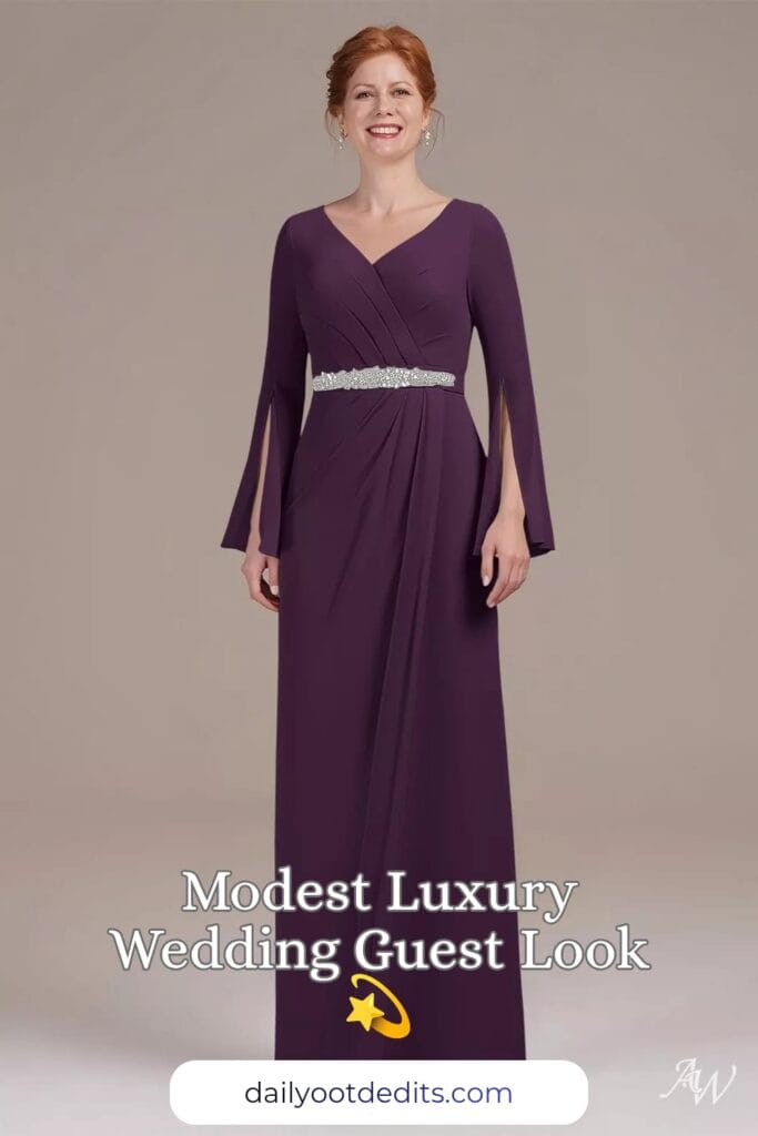 A floor-length modest formal dress in deep grape, featuring an elegant silhouette and refined design, perfect for summer formal events.