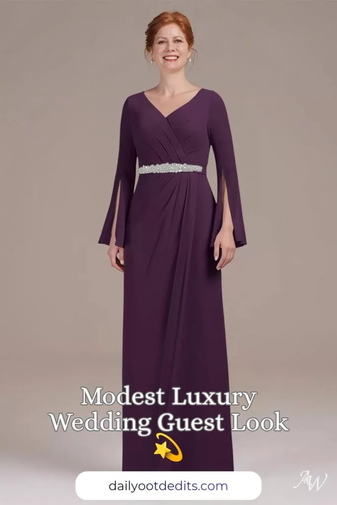 A floor-length modest formal dress in deep grape, featuring an elegant silhouette and refined design, perfect for summer formal events.