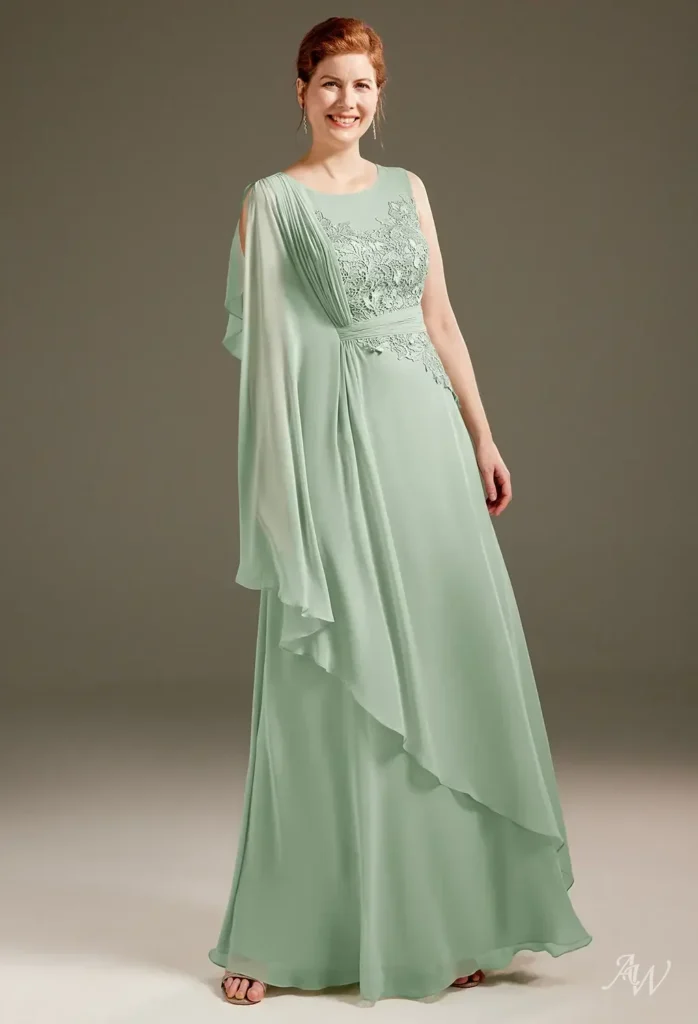 Front-facing full view of a model wearing the AW Princeps Dress in jasmine green, highlighting its sleeveless lace bodice and flowing floor-length A-line skirt for wedding events.