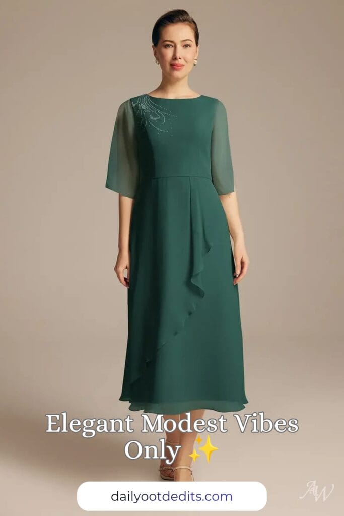 A floor-length modest formal dress in deep dark emerald, featuring an elegant silhouette perfect for summer formal events.