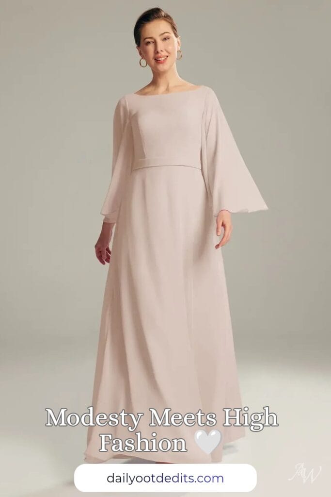 A floor-length modest formal dress in soft biscotti, featuring a flowing tiered design perfect for summer formal occasions.