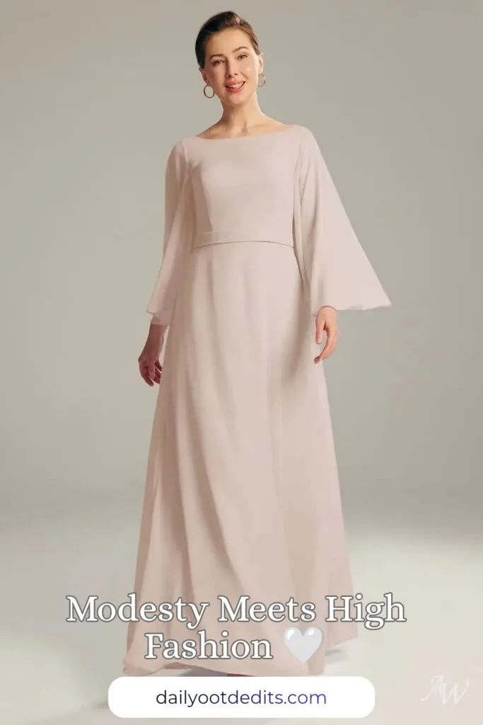 A floor-length modest formal dress in soft biscotti, featuring a flowing tiered design perfect for summer formal occasions.