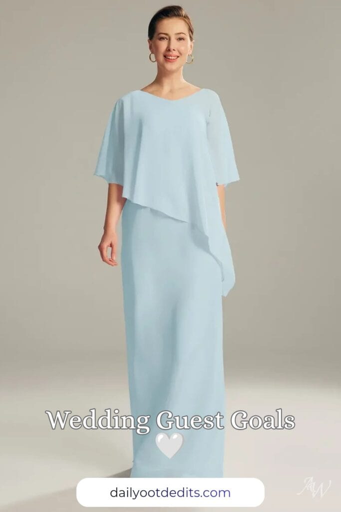 A floor-length modest formal dress in skylight blue, featuring a flowing silhouette and elegant design, perfect for summer celebrations.