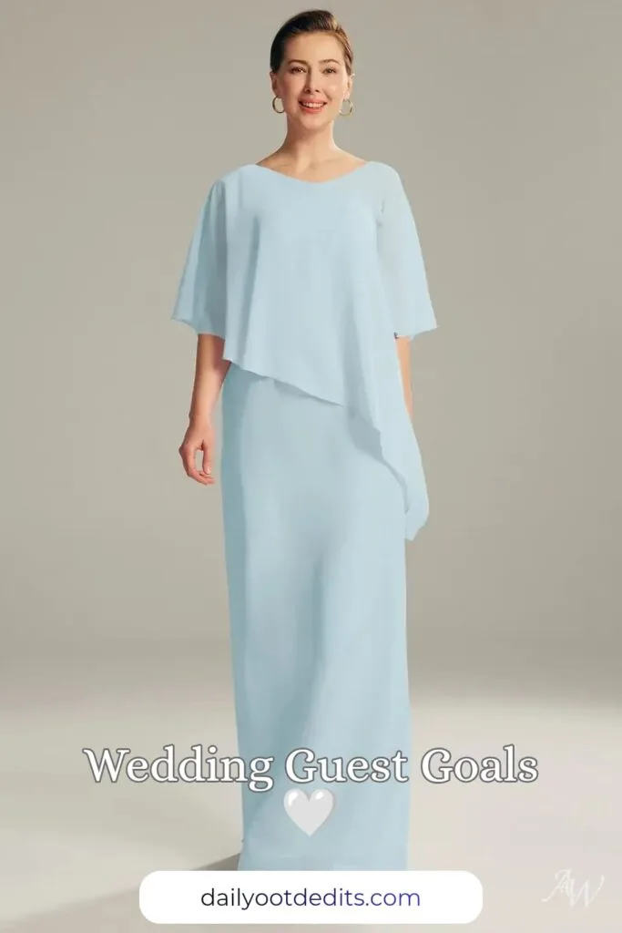 A floor-length modest formal dress in skylight blue, featuring a flowing silhouette and elegant design, perfect for summer celebrations.