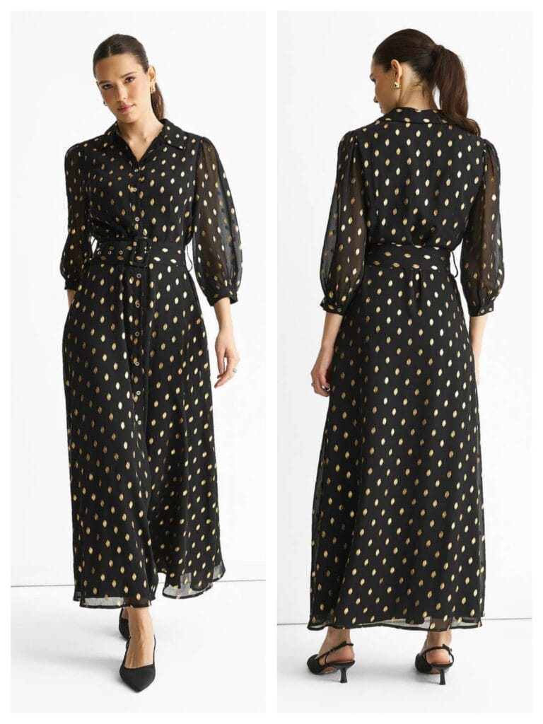 Black chiffon foil belted maxi shirt dress, a stylish piece from our 2026 collection of the 10 best modest dresses.