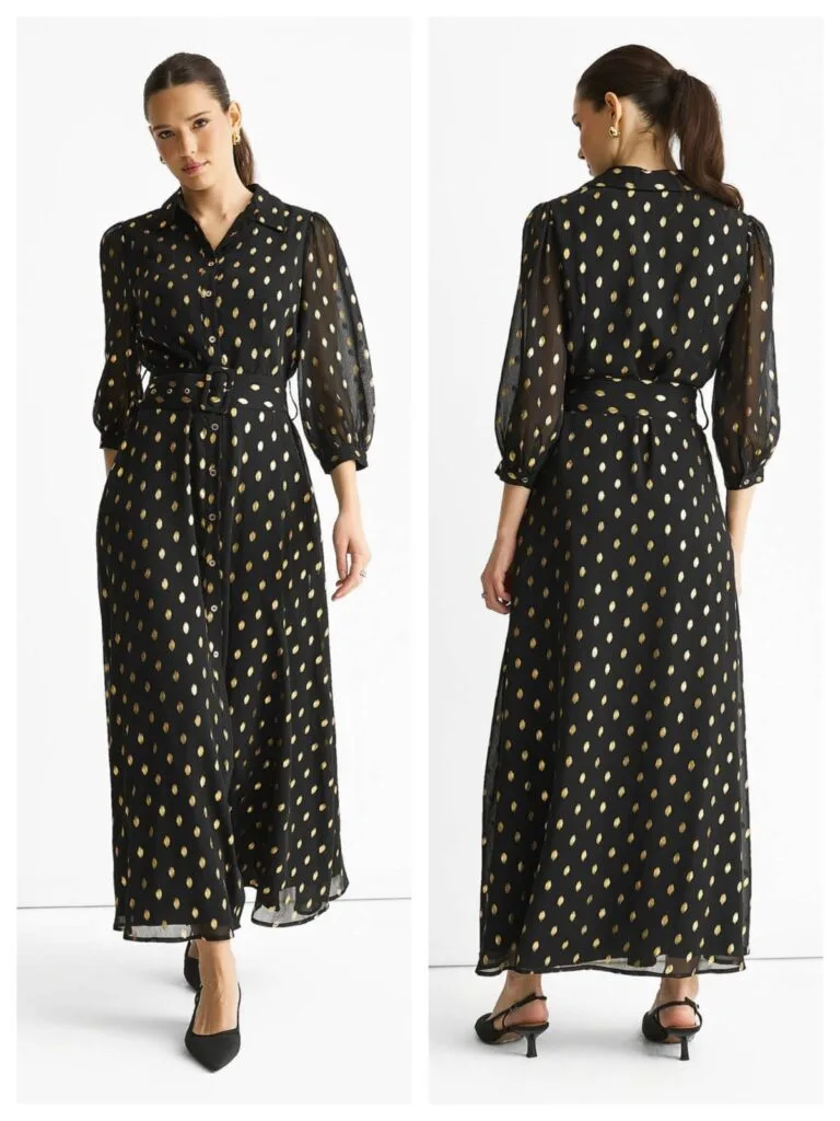 Best Long Sleeve Midi Dresses for Women: Modest Styles 7 Black chiffon foil belted maxi shirt dress, a stylish piece from our 2026 collection of the 10 best modest dresses.