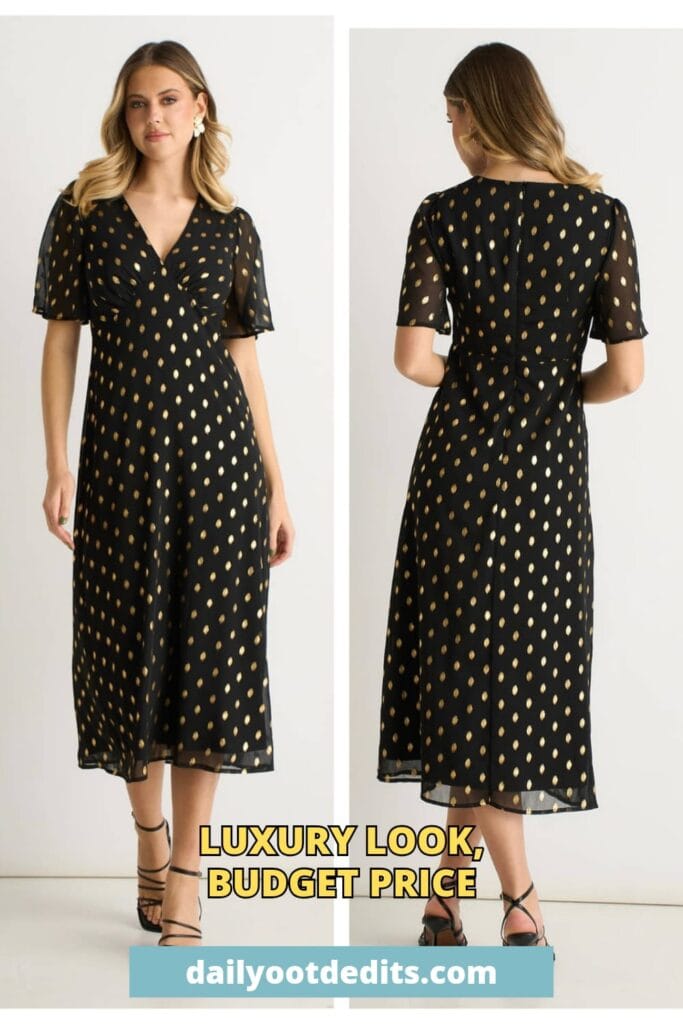A trendy black V-neck A-line midi skater dress with a foil effect, an affordable and stylish choice for 2026 evening wear.