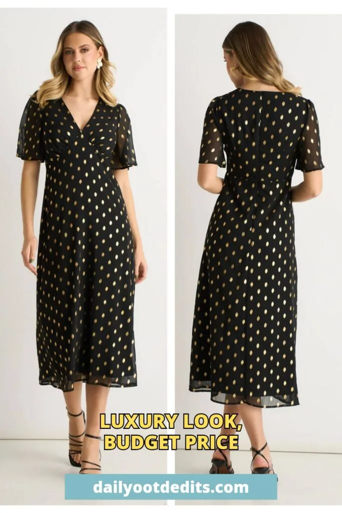 A trendy black V-neck A-line midi skater dress with a foil effect, an affordable and stylish choice for 2026 evening wear.