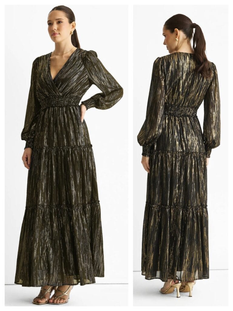 A glamorous black lurex chiffon tiered maxi dress, a top choice for 2026 modest evening fashion.