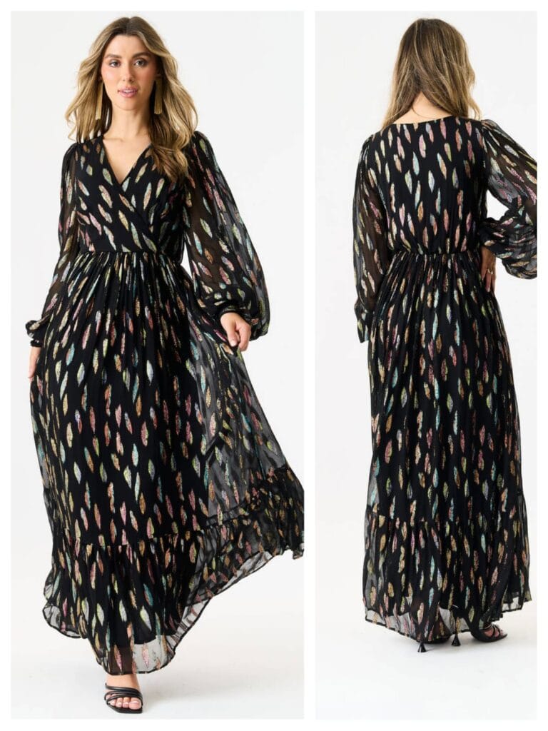 Black metallic print full-sleeve maxi dress, a highlight from our curated list of the 10 best modest dresses for 2026.