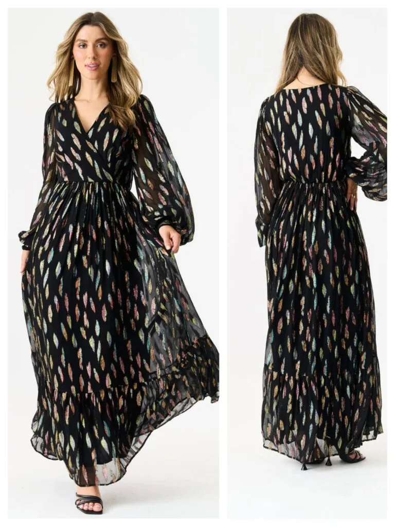 Best Long Sleeve Midi Dresses for Women: Modest Styles 11 Black metallic print full-sleeve maxi dress, a highlight from our curated list of the 10 best modest dresses for 2026.