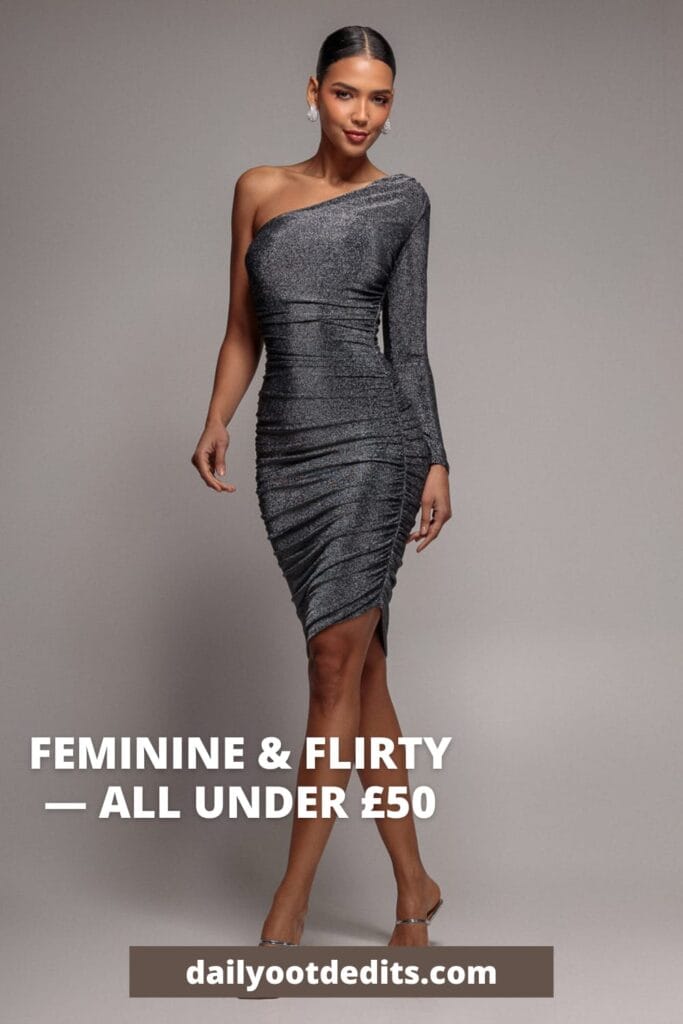 Stunning black and silver lurex one-shoulder midi dress, an affordable date night outfit