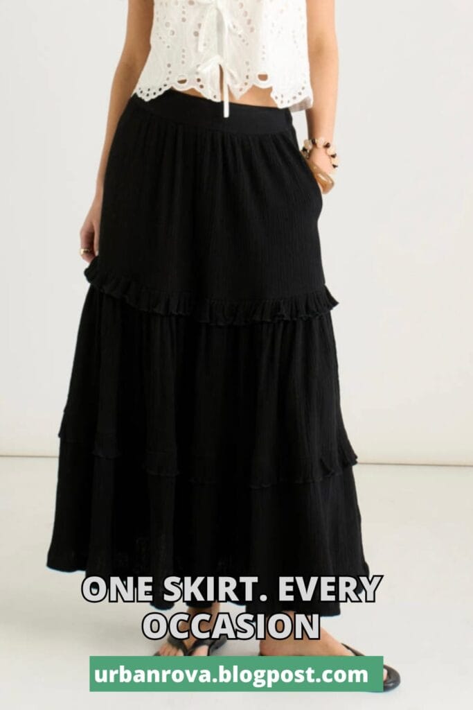 Gini London black tiered cotton skater maxi skirt for a 2026 summer capsule wardrobe.