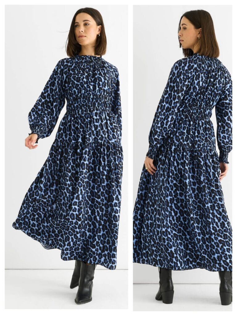 Stylish blue animal print shirred high-neck maxi dress, a top pick for 2026 modest summer fashion.
