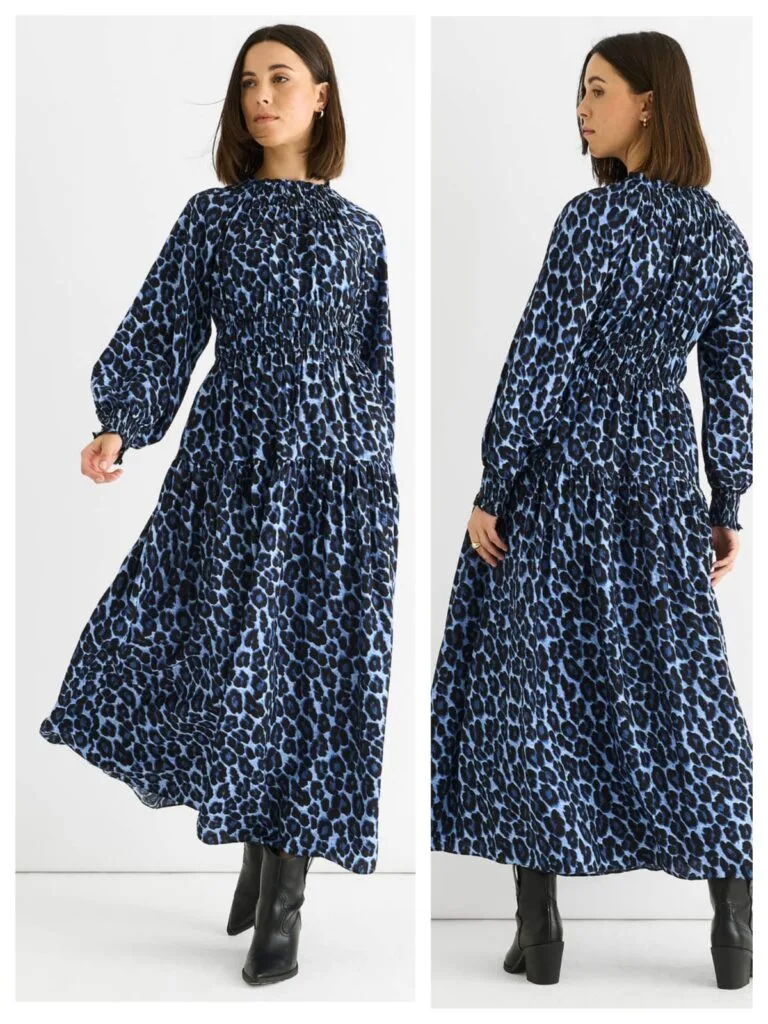 Best Long Sleeve Midi Dresses for Women: Modest Styles 4 Stylish blue animal print shirred high-neck maxi dress, a top pick for 2026 modest summer fashion.long sleeve midi dress