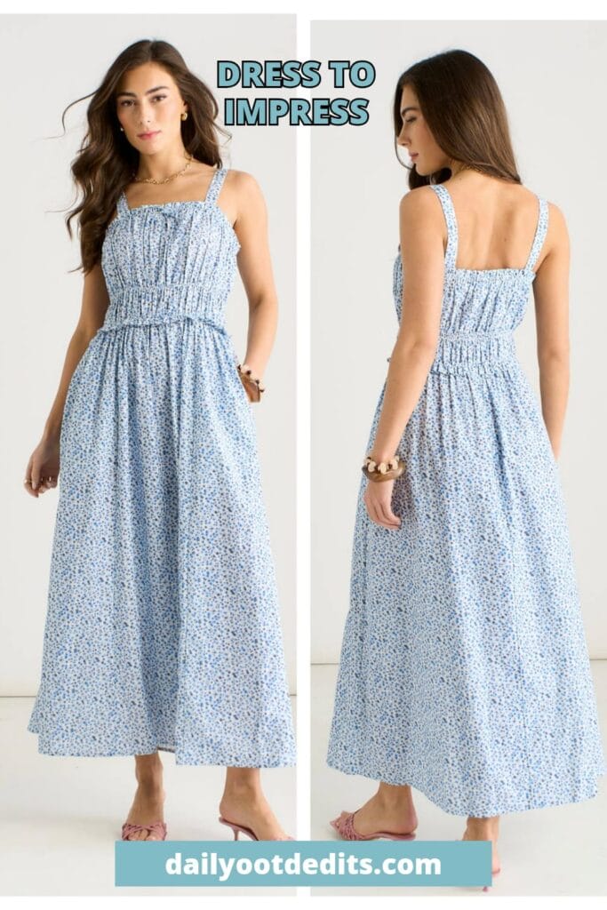 A trendy blue ditsy floral A-line midi dress featuring a comfortable shirred bodice, perfect for an affordable and stylish 2026 summer outfit.
