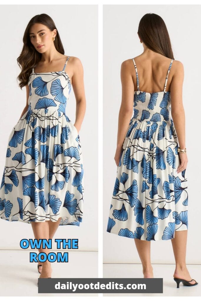 A breezy blue floral linen-mix A-line midi dress, featuring a cami style that is both trendy and affordable for the 2026 summer season.