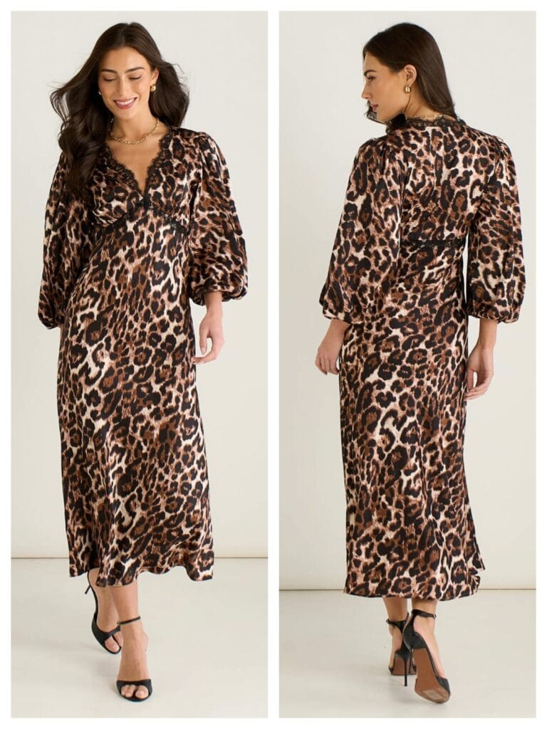 Brown animal print satin midi dress with lace trim, featured in our list of 10 best modest dresses for 2026.