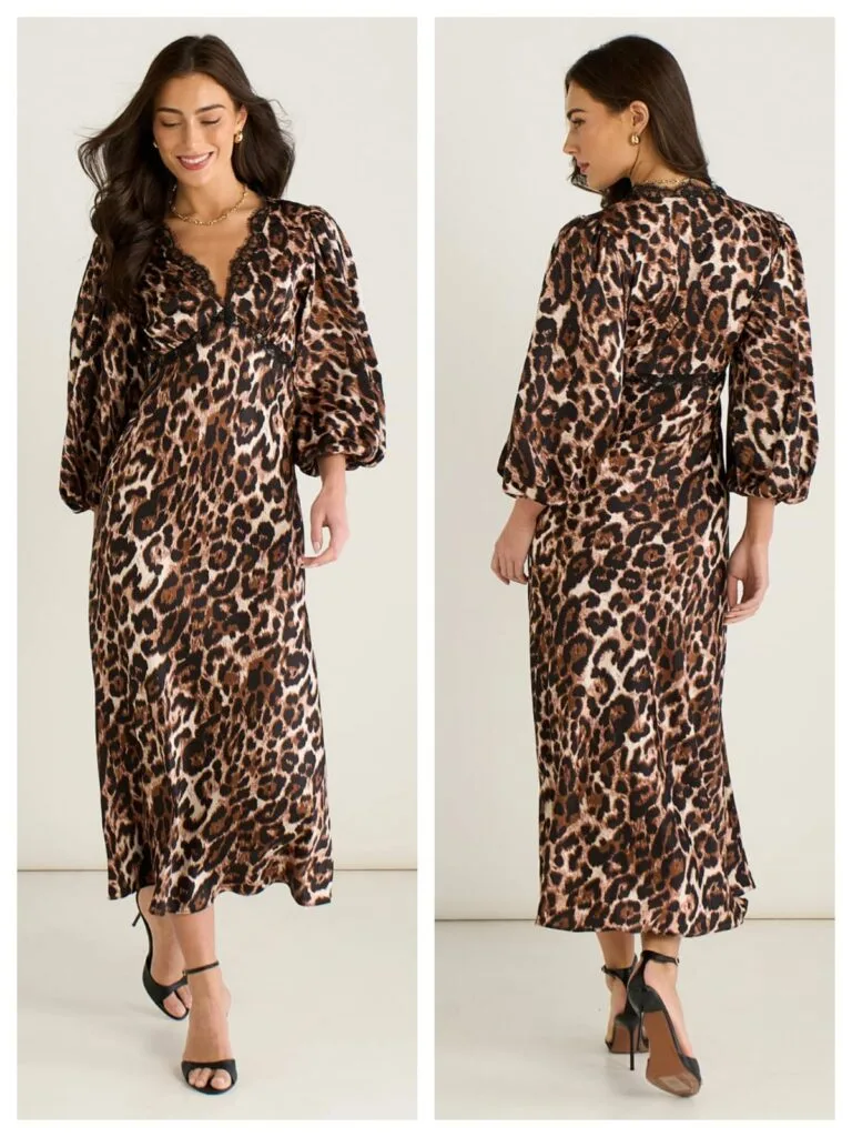 Best Long Sleeve Midi Dresses for Women: Modest Styles 6 Brown animal print satin midi dress with lace trim, featured in our list of 10 best modest dresses for 2026.