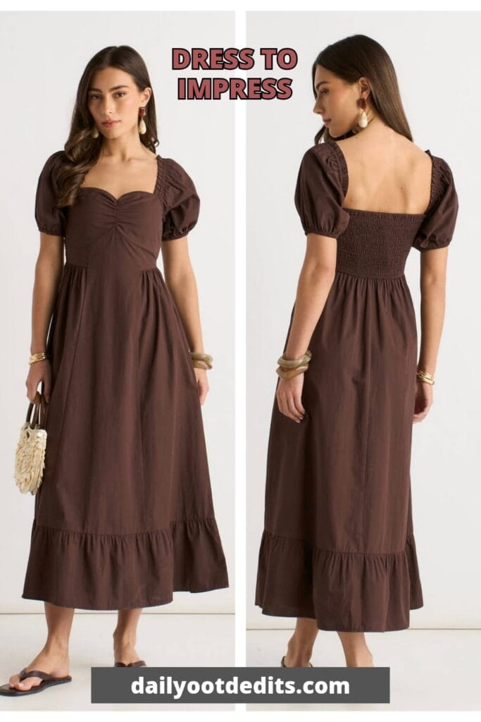 A stylish brown gypsy puff-sleeve A-line midi dress, an affordable and chic choice for the 2026 summer season.