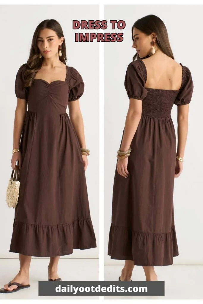 A stylish brown gypsy puff-sleeve A-line midi dress, an affordable and chic choice for the 2026 summer season.
