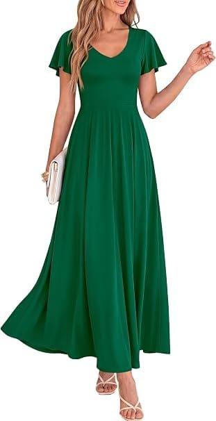 How to Style a Party Dress: Best Looks for Any Occasion 2 A model wearing a light blue BTFBM V-neck ruffle sleeve A-line maxi dress with pockets, optimized for wedding guests and summer party fashion shopping in the UK and USA.