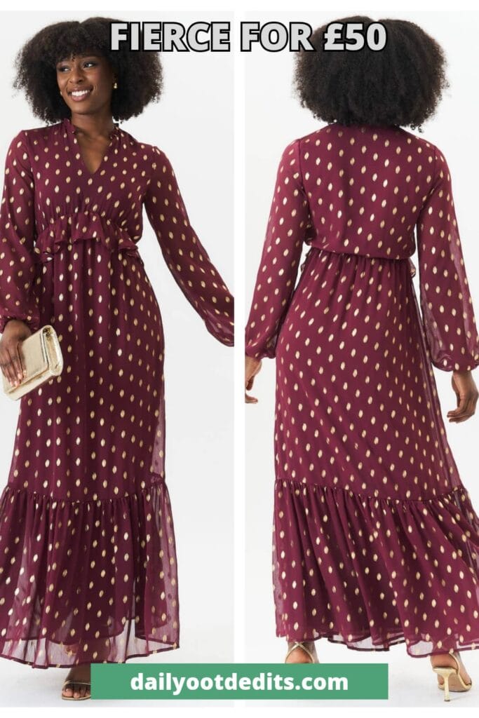 Burgundy foil print ruffle midi dress, the final pick in our collection of the 10 best modest dresses for 2026.