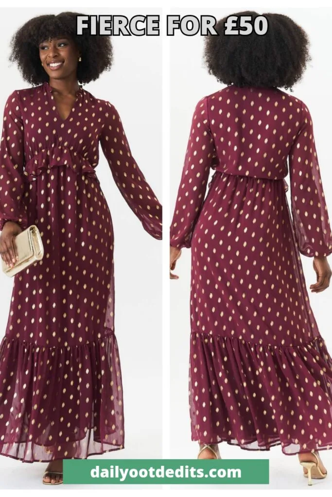 Best Long Sleeve Midi Dresses for Women: Modest Styles 10 Burgundy foil print ruffle midi dress, the final pick in our collection of the 10 best modest dresses for 2026. Long Sleeve Midi Dresses for Women 2026