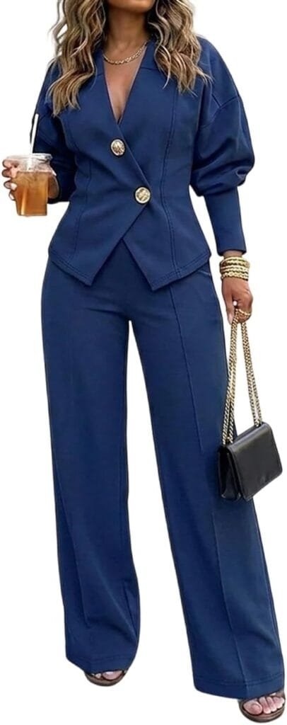 Full-length studio photography of a model wearing the CHICME Womens 2 Piece Outfit Fall Pants Set in a rich purplish-blue shade, featuring a V-neck blazer top with gold buttons and gigot sleeves alongside matching wide-leg trousers designed for business casual wear.