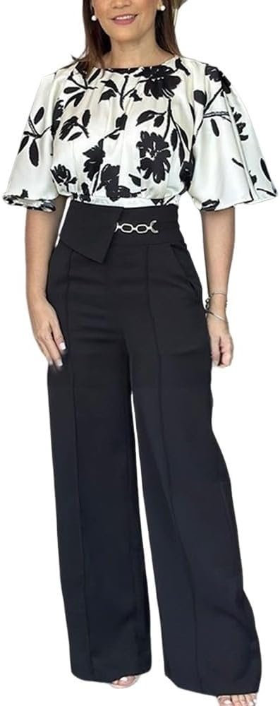 Full-length product photography of a stylish model wearing a CHICME Womens Summer 2 Piece Outfit featuring a white floral print blouse with half bell sleeves paired with high-waisted black wide-leg trousers, designed for business casual or summer vacation style. inexpensive dresses for women