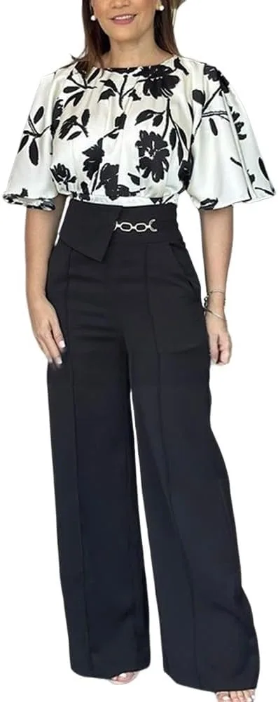 Full-length product photography of a stylish model wearing a CHICME Womens Summer 2 Piece Outfit featuring a white floral print blouse with half bell sleeves paired with high-waisted black wide-leg trousers, designed for business casual or summer vacation style. inexpensive dresses for women