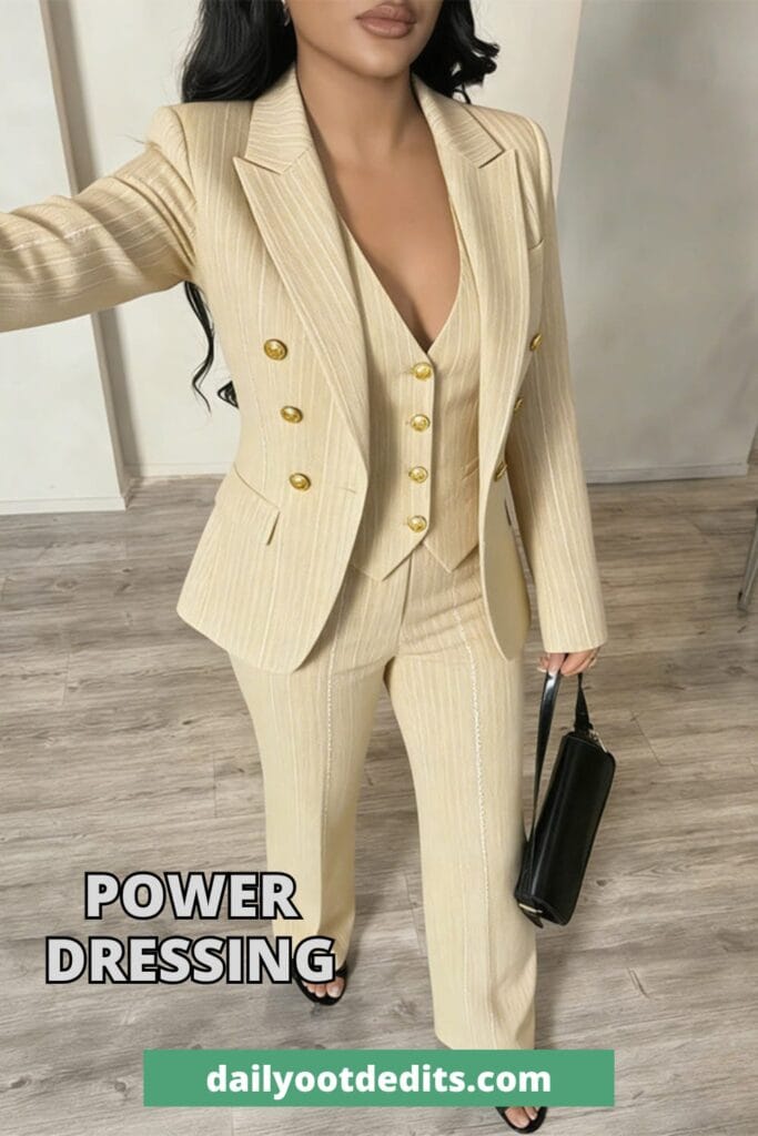 Professional women's 3-piece business suit set including blazer, vest, and trousers for formal office wear.