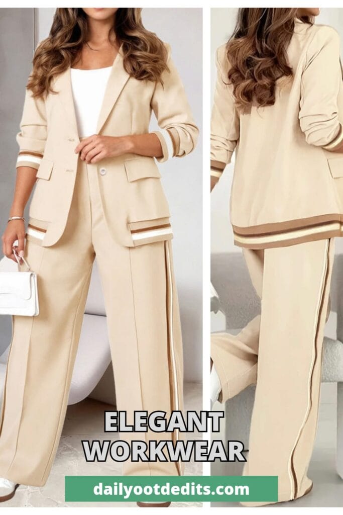 Fashionable women's contrast ribbed knit suit set for a modern business casual office outfit.