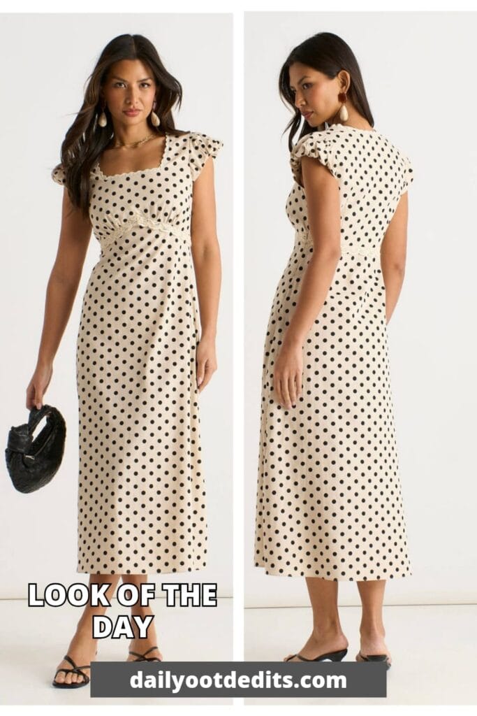 A trendy cream cotton A-line midi dress with spot prints and lace trim, styled for a 2026 summer aesthetic