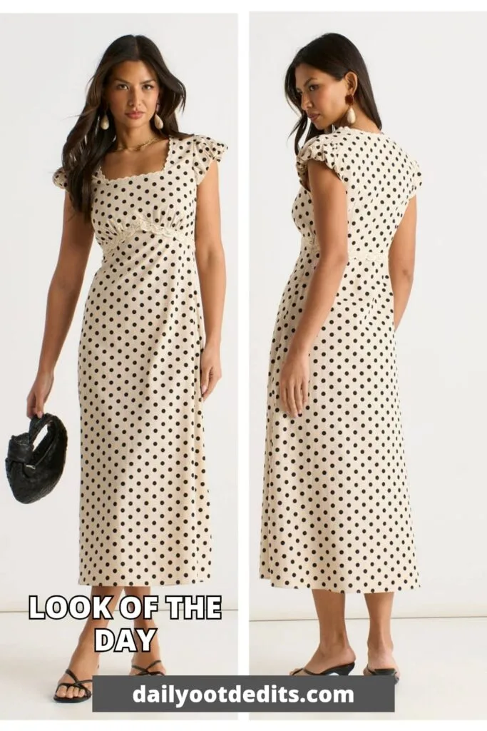 A trendy cream cotton A-line midi dress with spot prints and lace trim, styled for a 2026 summer aesthetic