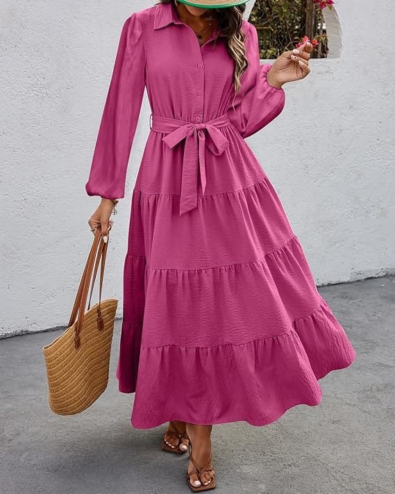 How to Style a Party Dress: Best Looks for Any Occasion 5 Full-length view of a model wearing a vibrant rose red long-sleeve maxi dress with a button-down front, belted waist, and tiered ruffle hem, styled for a formal autumn party in the UK and US. how tomstyle a party dress