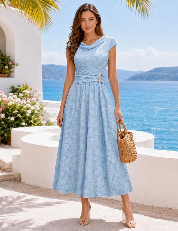 How to Style a Party Dress: Best Looks for Any Occasion 4 Full-length view of a model wearing the DRESSTELLS blue floral A-line midi dress featuring a cowl neckline and gold-accented waist belt, styled for an outdoor summer wedding or garden party in the UK and US.