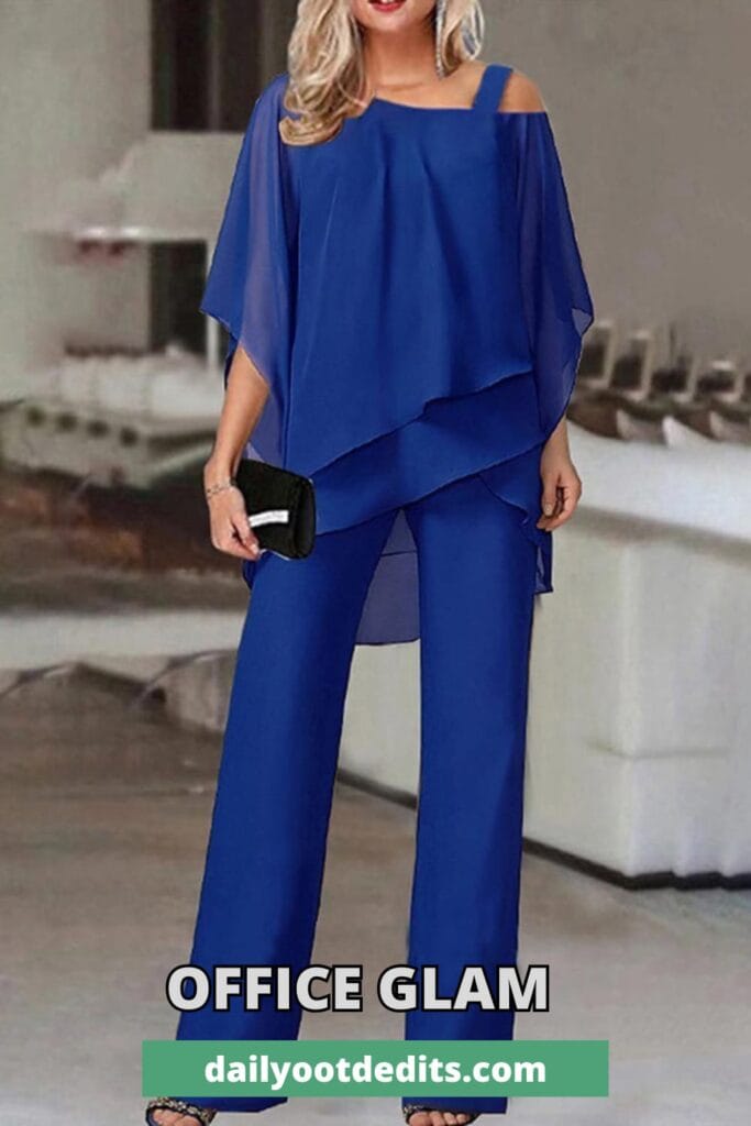 Elegant women’s two-piece chiffon matching set in a professional, formal style.