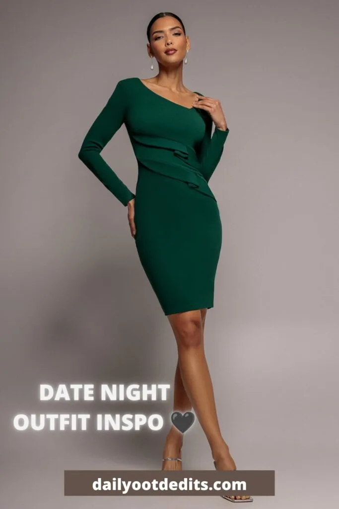 Stunning emerald green side-neck midi dress, an affordable and stylish date night outfit.