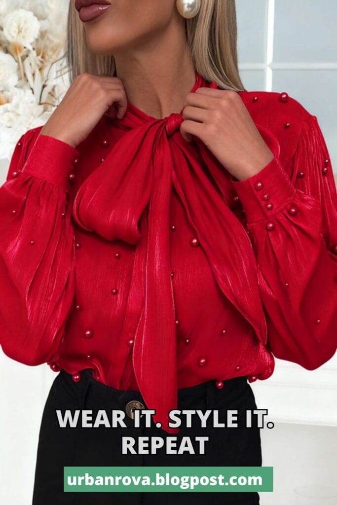 Zeagoo pearl-embellished bow-tie shirt styled for a 2026 summer capsule wardrobe.
