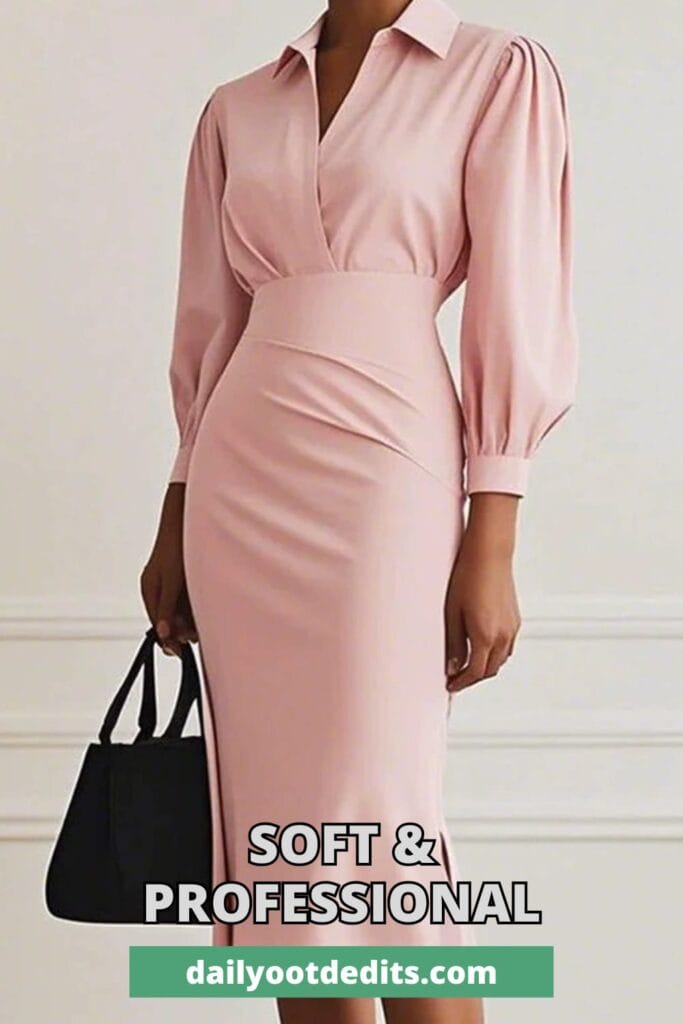 Minimalist business casual midi dress for women. Modern corporate style minimalist business casual dress