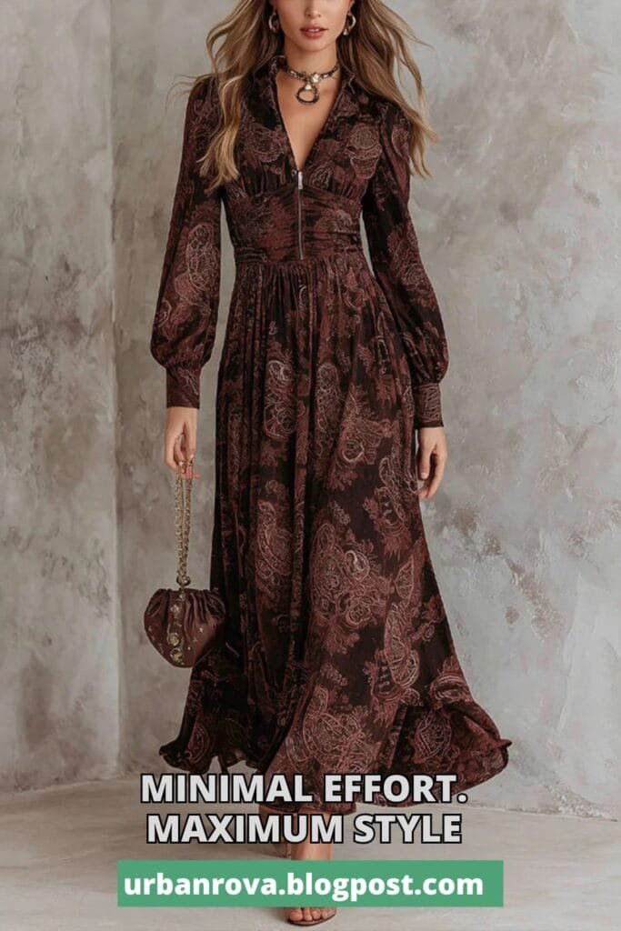 The Perfect Office Capsule Wardrobe: 2026 Work Essentials Guide 5 Woman wearing an elegant vintage-style paisley print maxi dress in a summer setting.