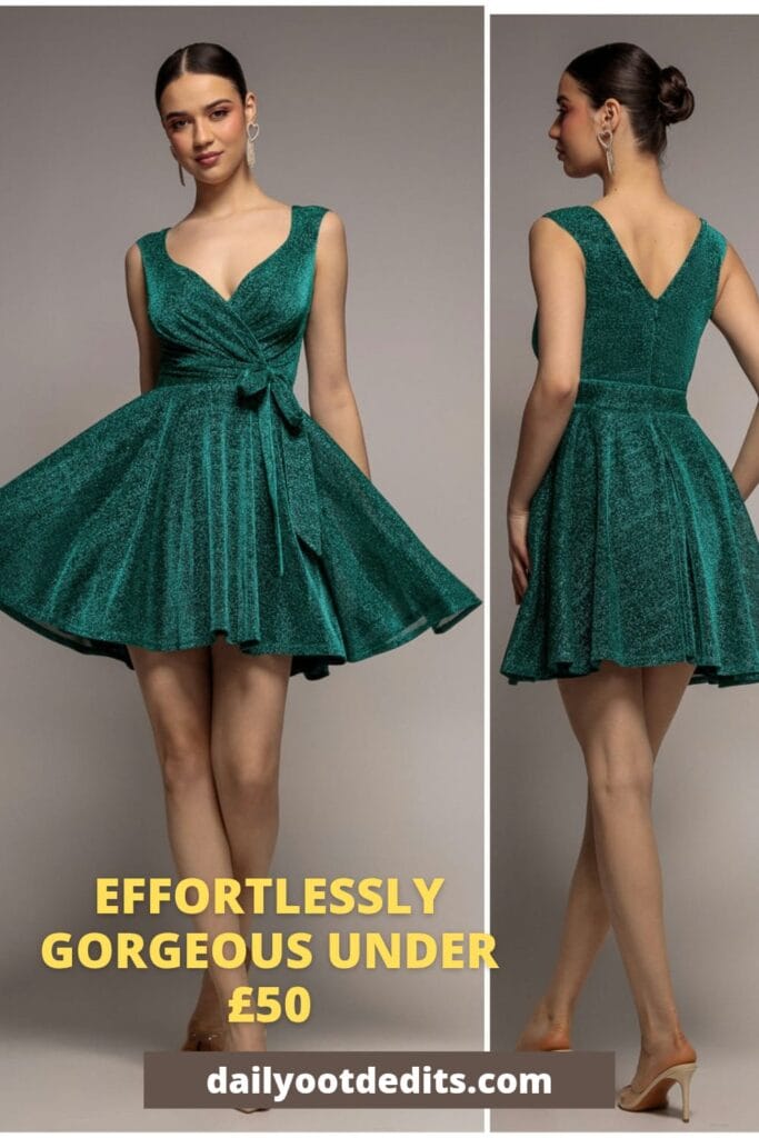 Stunning emerald green cross-over sleeveless mini skater dress for an affordable date night outfit