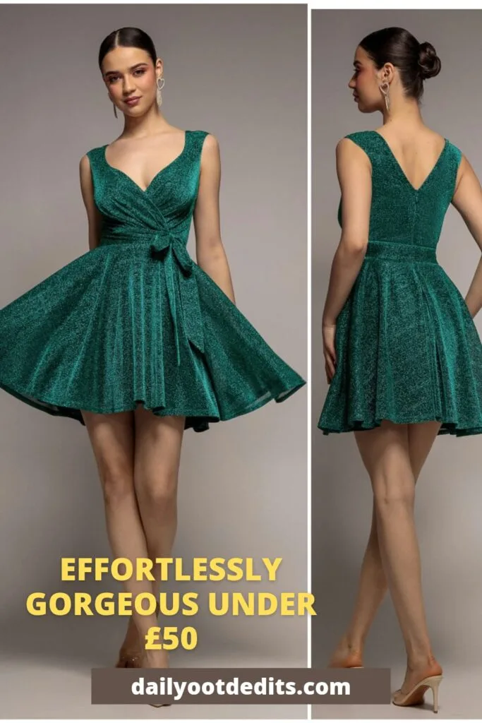 Stunning emerald green cross-over sleeveless mini skater dress for an affordable date night outfit