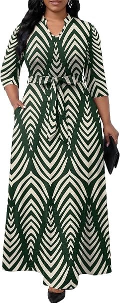 Full-length shot of a model wearing a green and white geometric patterned 3/4 sleeve maxi dress with an empire waist and V-neckline, showcasing an incredible dress under $50 ideal for church events and wedding guests.