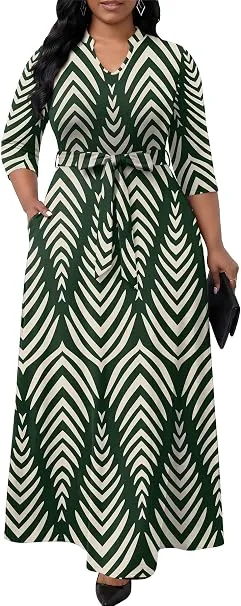 Full-length shot of a model wearing a green and white geometric patterned 3/4 sleeve maxi dress with an empire waist and V-neckline, showcasing an incredible dress under $50 ideal for church events and wedding guests.