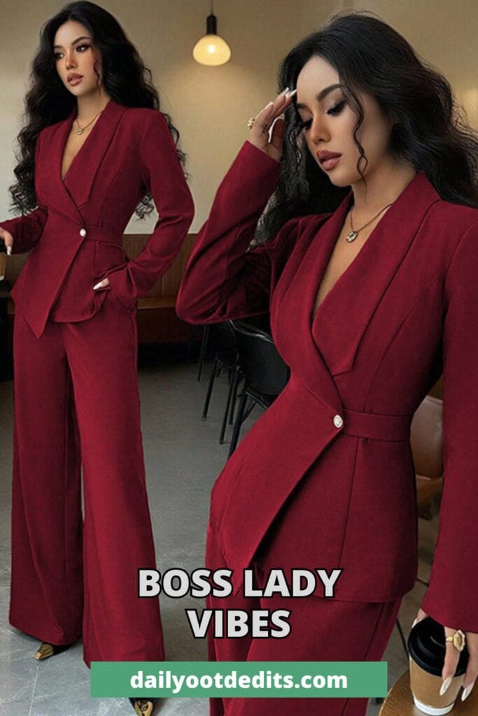 Women's classic one-button tailored blazer and trouser suit set for formal office and business wear.
