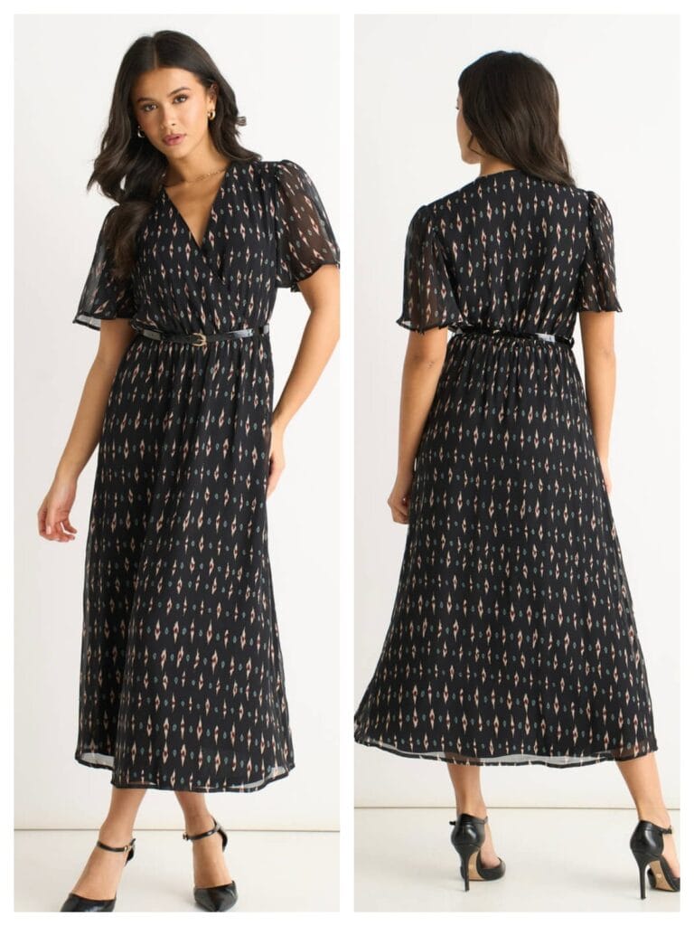 A sophisticated geo-print fit-and-flare A-line midi dress, an affordable and trendy option for your 2026 summer wardrobe collection.