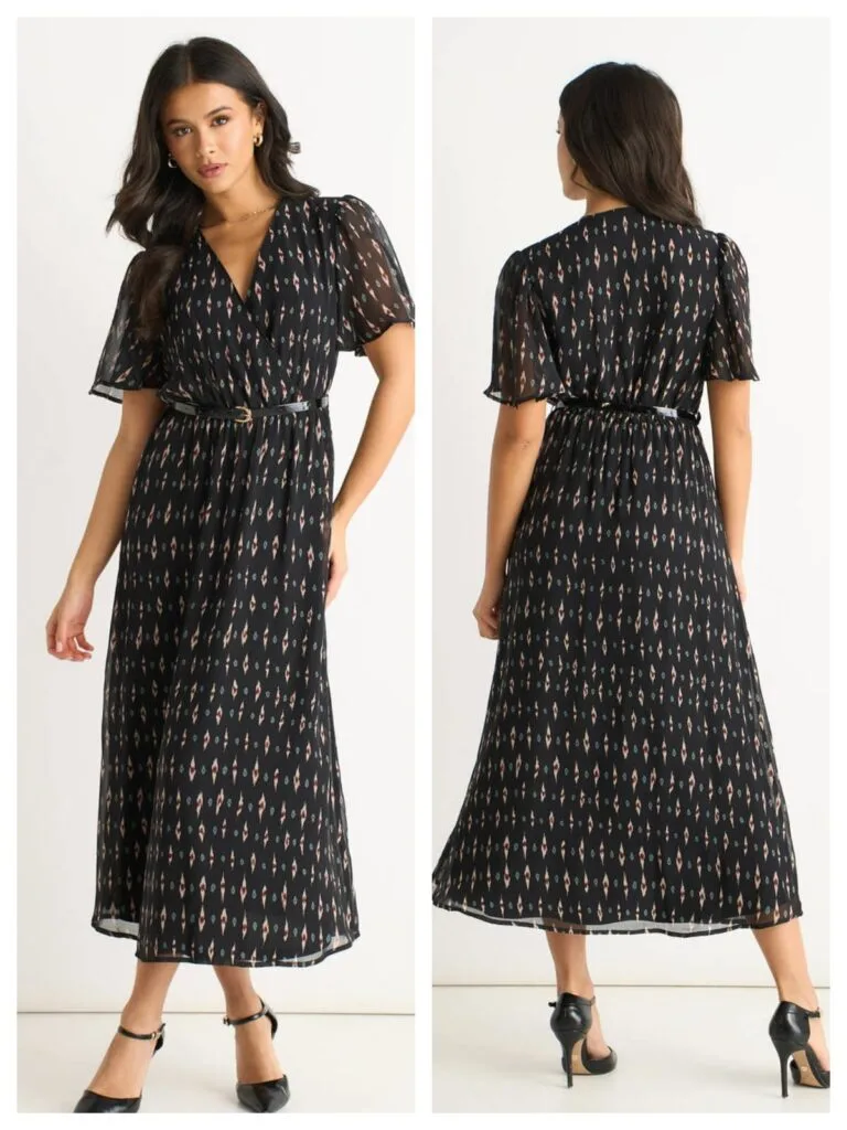 A sophisticated geo-print fit-and-flare A-line midi dress, an affordable and trendy option for your 2026 summer wardrobe collection.